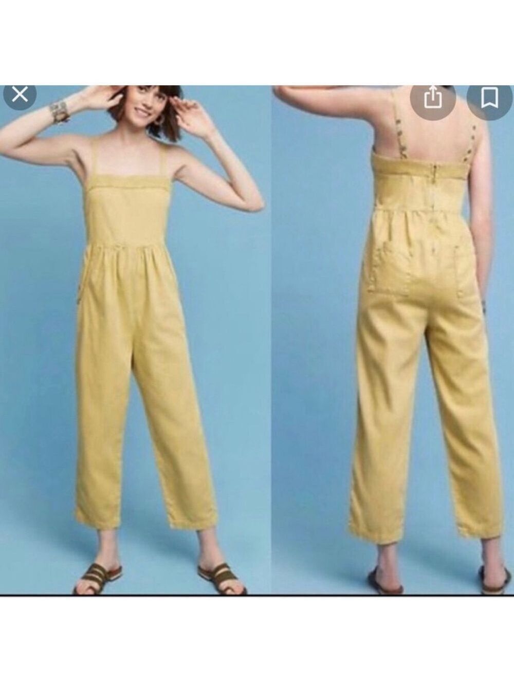 ANTHROPOLOGIE Postmark Jumpsuit Muted Mustard Yellow Cotton Lyocell Linen M